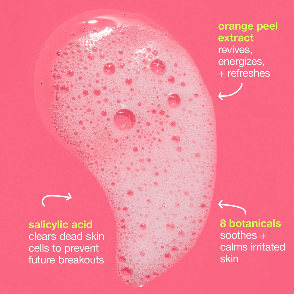Pink breakout clearing foaming wash  product with text on a pink background