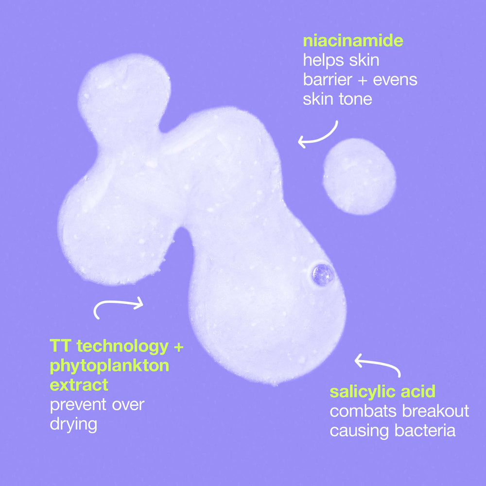 Dermalogica breakout clearing booster with labeled benefits on a purple background