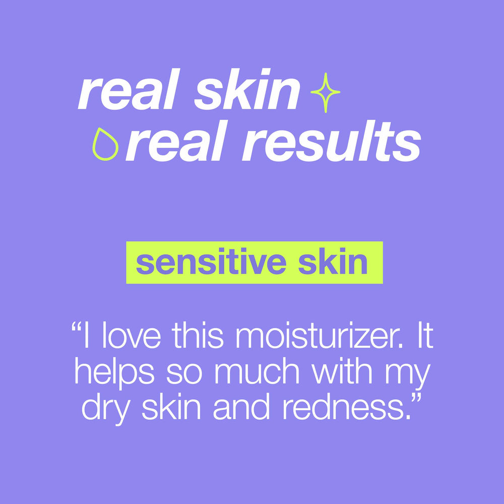 Advertisement for a hydrating lotion targeting sensitive skin with a positive customer review on a purple background.