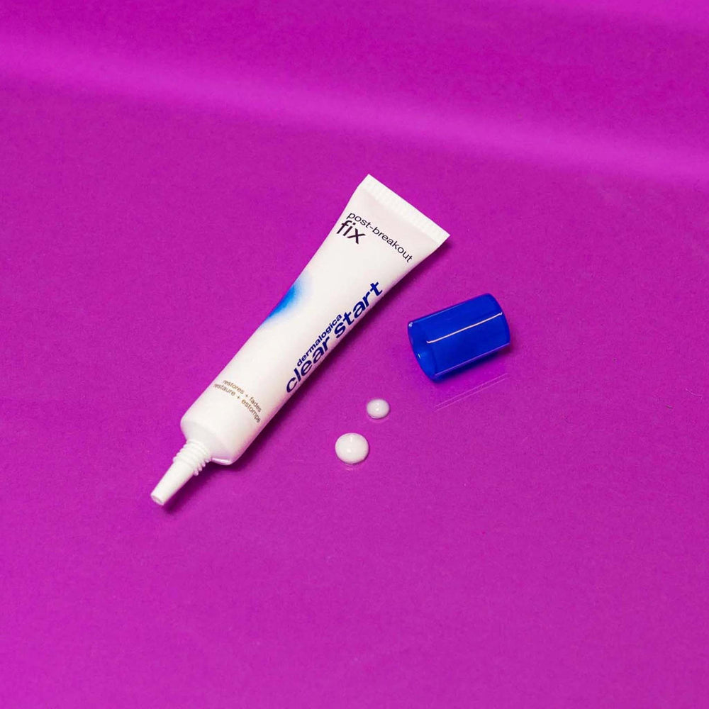 Tube of 'clear start' product on a purple background