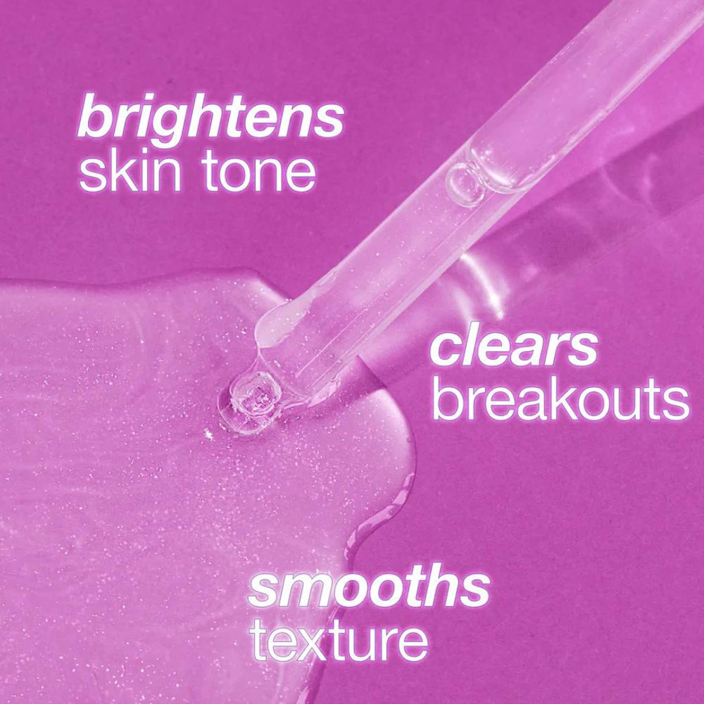 Cosmetic dropper with pink liquid on a purple background, featuring text about skincare benefits.
