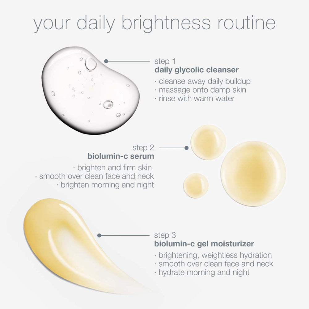 Step-by-step daily skincare routine with daily brightness booster products on a white background