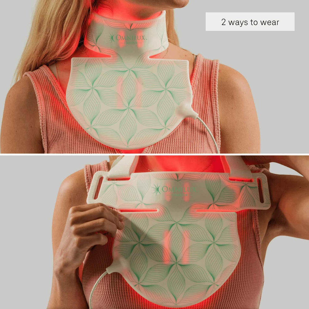 Omnilux Contour Neck Decollete L.E.D. The Facial Maestro device worn by a person, shown from two angles.